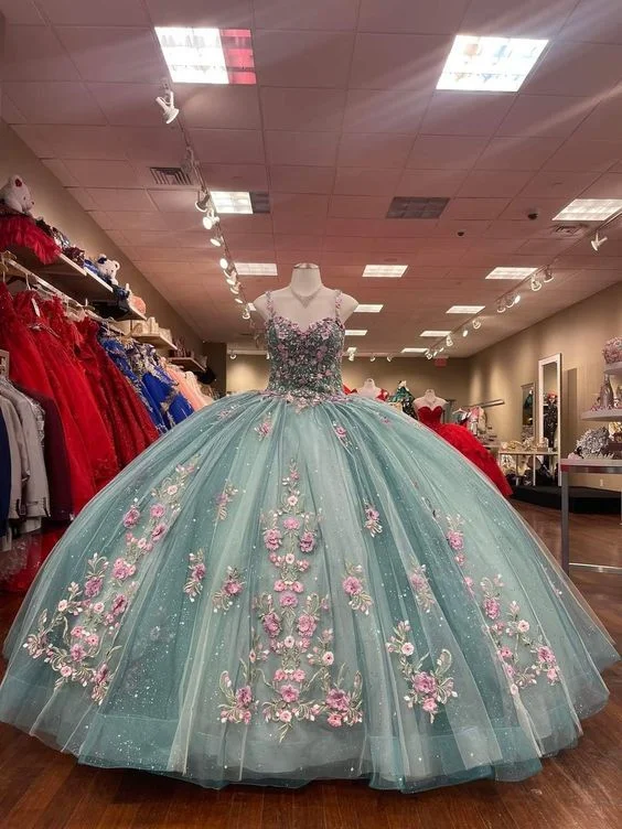 Formal Dress for Academic AwardsGlitter Sweetheart Spaghetti Strap Quinceanera Dresses Gorgeous 3D Flower Applique Beading Ball Gown  Y4711