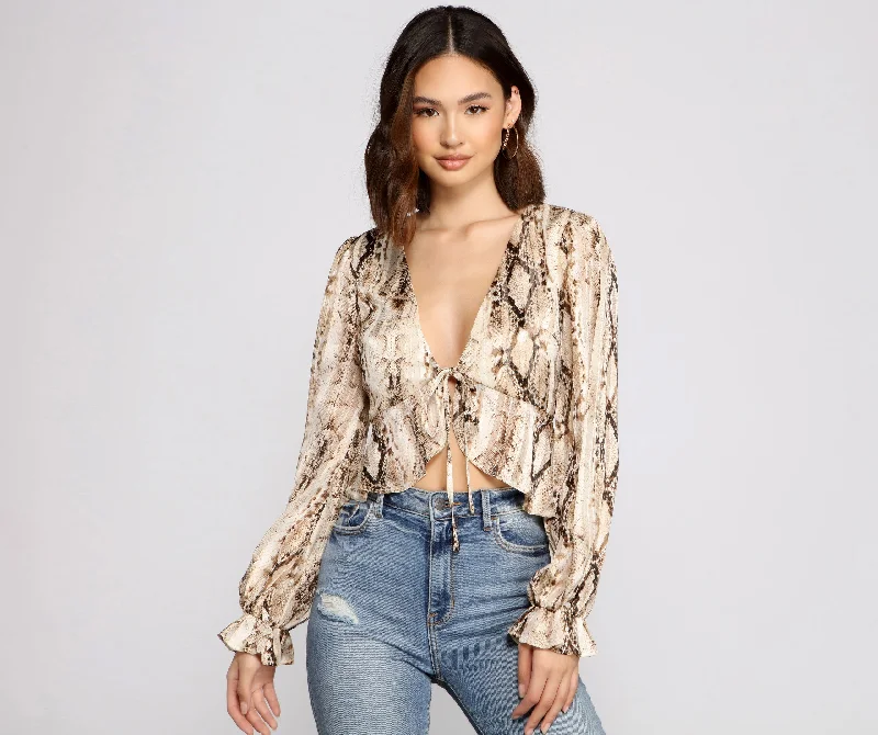 women's tops with embroidery detailsFab N'Fierce Snake Print Ruffled Top