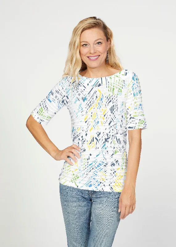 women's tops with cold-shoulder cutsPixie Blue (8077) ~ Banded Elbow Sleeve Boat Neck Top