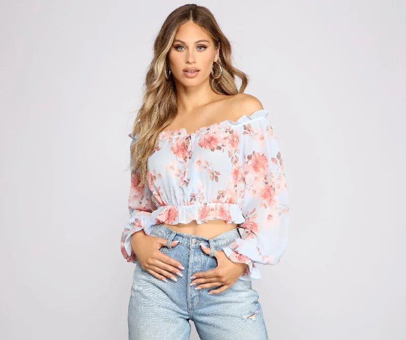 women's tops for those who want to stay warm and stylish during colder weatherFlirty Off The Shoulder Ruffled Floral Top