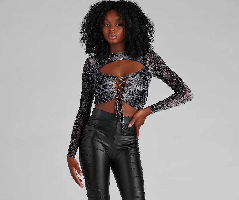 women's tops for those who love to experiment with fashionSnake It Mesh Lace-Up Top