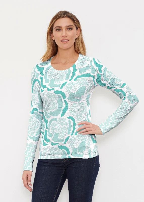 women's tops for relaxed weekendsPeonies Aqua (8082) ~ Thermal Long Sleeve Crew Shirt