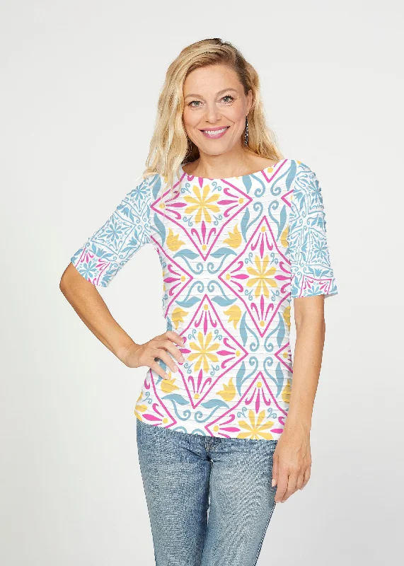 women's tops for maximalist fashion loversGeo tile Blue (8158) ~ Banded Elbow Sleeve Boat Neck Top