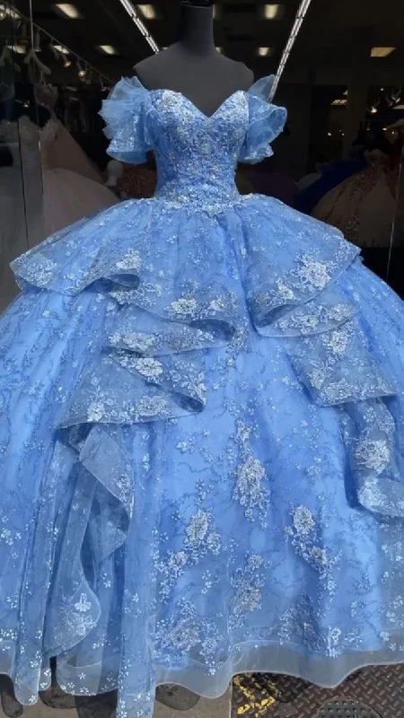 Formal Dress for Cocktail PartiesLuxurious Blue Lace Tulle Ball Gown,Blue Sweet 16 Dress,Quinceanera Dress Y4510