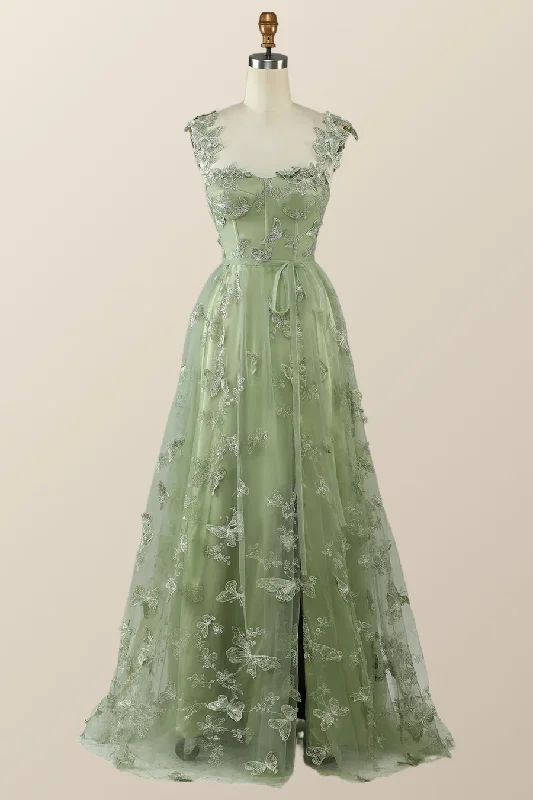 Formal Dress for Summer WeddingsSage Green Butterfly A-line Long Formal Dress Evening Dress  Y2801