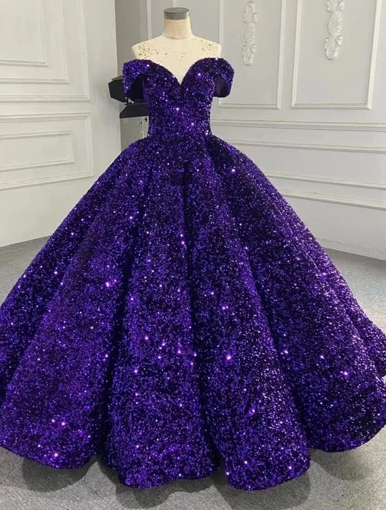 Formal Dress for New Year's EveSparkly Purple Off The Shoulder Sequins Ball Gown,Purple Sweet 16 Dress Y6583