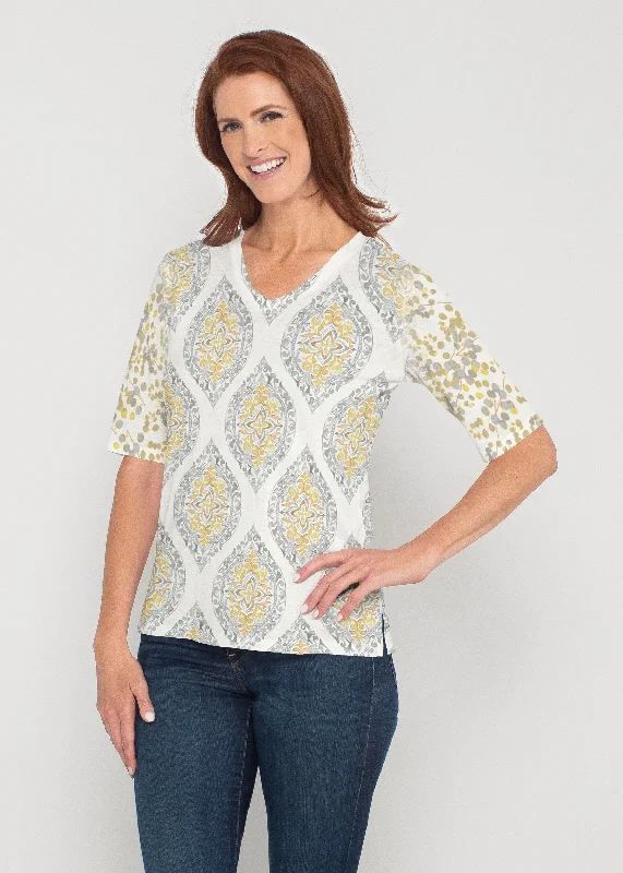 women's tops for maximalist fashion loversEtched Motif (8014) ~ Signature Elbow Sleeve V-Neck Top