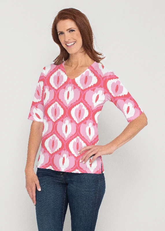 women's tops for those who refuse to compromise on styleIkat Buds Red/Pink (8096) ~ Signature Elbow Sleeve V-Neck Top