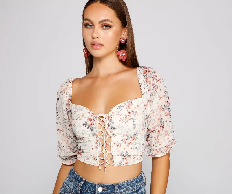 camisoles for womenDarling Glam Floral Lace-Up Crop Top