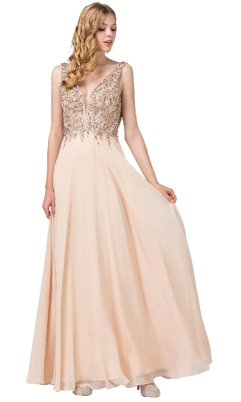 Formal Dress for Indoor WeddingsChampagne Long Beaded V-Neck Formal Dress